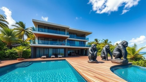 Modern beachfront house with pool and sculptures, a serene escape.