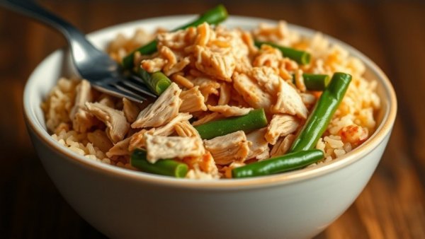 Healthy College Meals: Shredded chicken, green beans, and rice bowl.