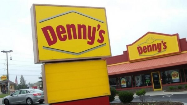 Denny's sign in Canada parking lot with restaurant exterior.