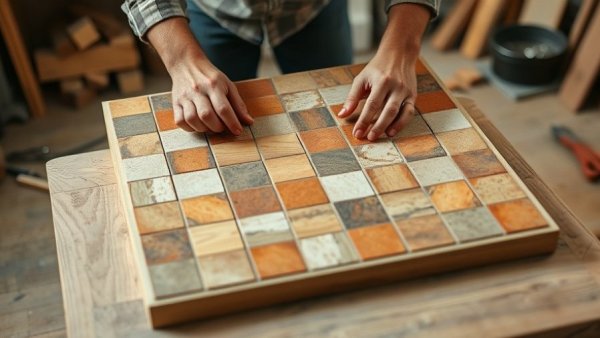 Focused person arranging tiles for DIY tile coffee table in workshop.