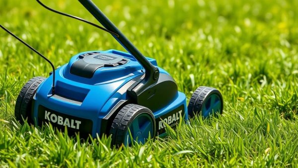Kobalt cordless mower savings alert on lush lawn.