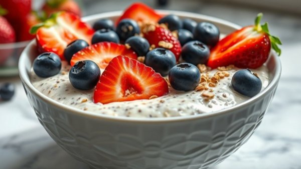 Lemon cheesecake overnight oats with berries and chia seeds.