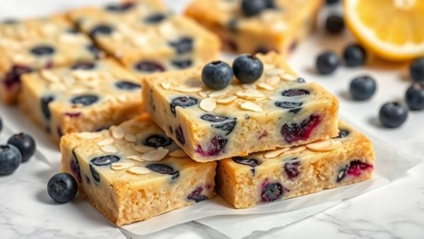 Lemon blueberry almond flour bars with juicy blueberries on parchment.