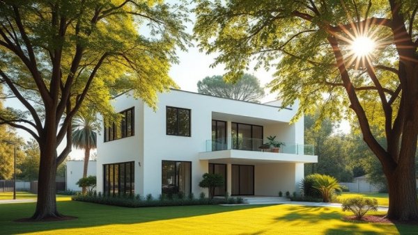 Modern white house in a lush suburban setting, related to refinancing your mortgage.