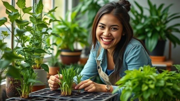 Smiling woman planting seeds indoors; February DIY projects for homeowners.