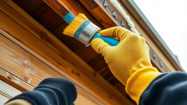 Gloved hand painting wooden eave in winter home painting scene.