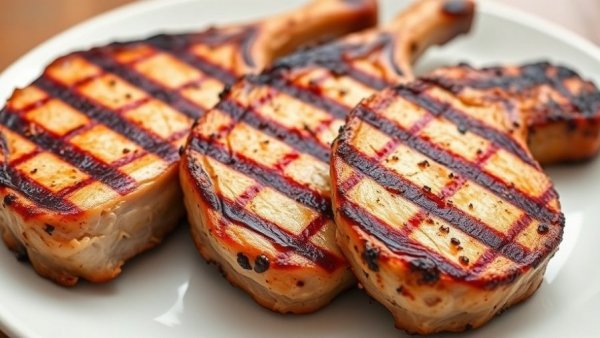 Juicy Grilled Pork Chops with char marks on a white plate.