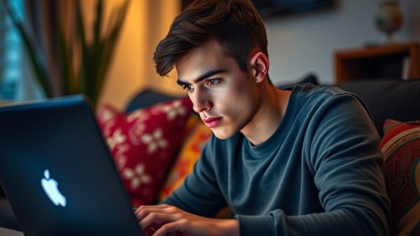 Contemplative young man using laptop, evoking AI companionship emotional health.
