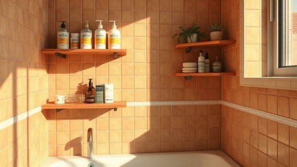 Cozy bathroom shelf in warm light romanticizing winter.