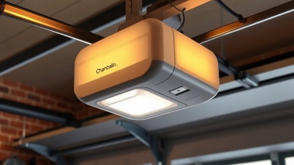 Illuminated Chamberlain garage door opener with MyQ in a garage.