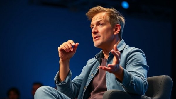 Speaker passionately gesturing on stage in blue-lit setting.