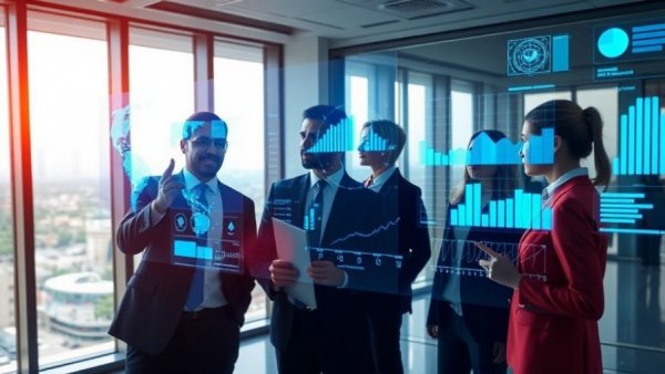 Professionals analyzing data to estimate potential rental income in a futuristic office.