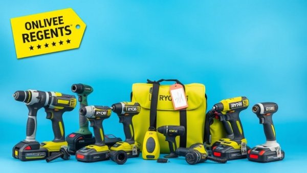 Assorted free Ryobi tools at Home Depot on blue background.