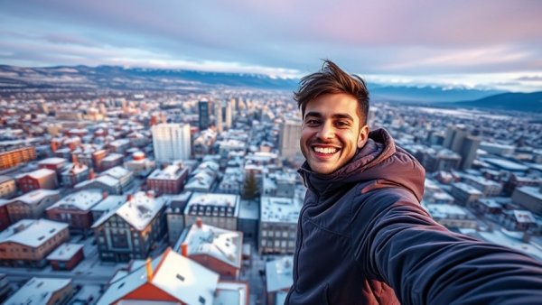 Cheerful selfie over snowy cityscape for real estate video marketing.