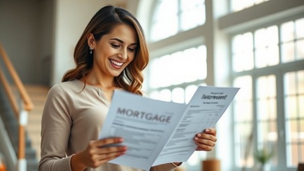 Smiling woman reviewing refinancing mortgage documents at home office.