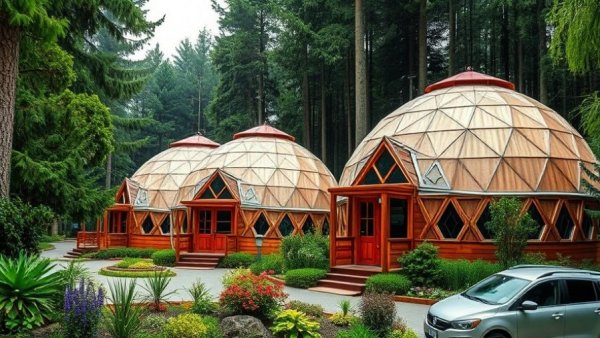 Geodesic dome homes in forest setting, living in a geodesic dome home.