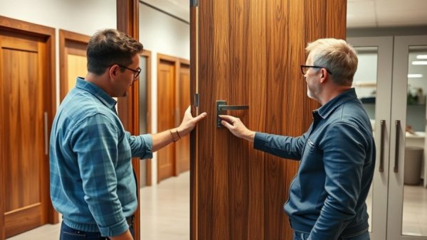 Modern door styles for tight hallways being examined in a showroom