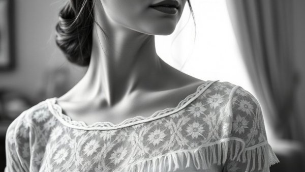 Close-up black and white photo highlighting a woman's neckline.