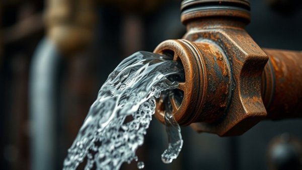 Rusty pipe bursting with water, illustrating neighbor’s pipe burst situation.