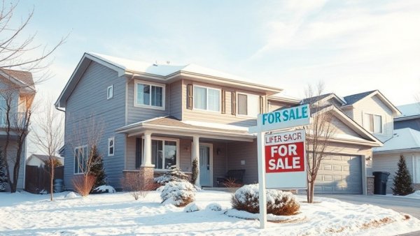 Modern home with a 'For Sale' sign, reflecting Canadian housing market trends in winter.