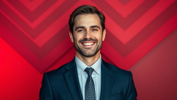 Confident smiling man with geometric red backdrop.