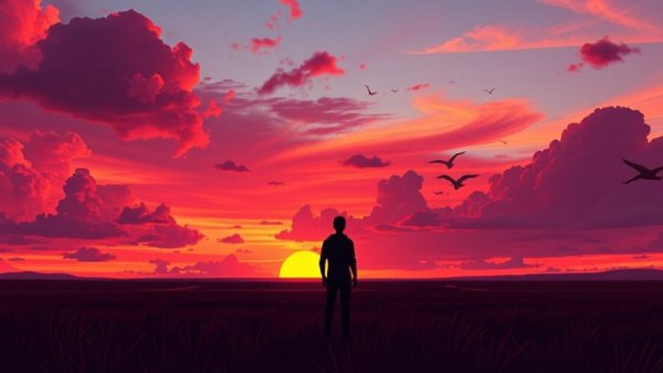 Solitary figure under vivid sunset sky, Grief and Addiction Support.