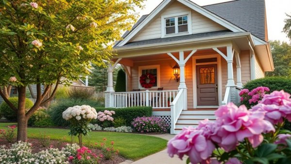 Charming house with porch and garden, lush landscape, move-in ready.