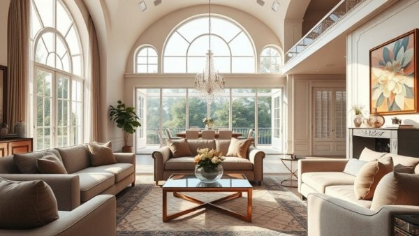 Spacious living room showcasing lakefront luxury in PGA National.