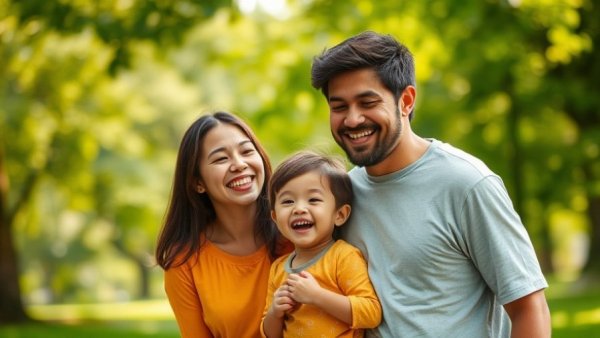 Melbourne family smiling outdoors, embracing in park.