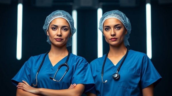 Medical professionals in blue scrubs, confident pose, aesthetic laser inquiry context
