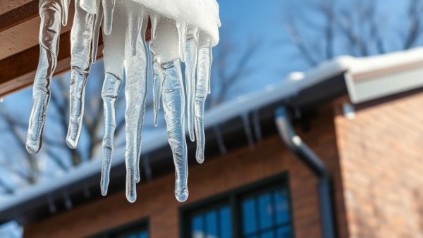 Icicles on commercial property roof glistening in sunlight.