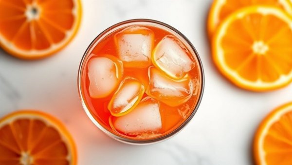 Close-up of vibrant Aperol Spritz with ice and orange slices.