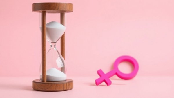 Hourglass with pink female symbol for menopause care aesthetic.