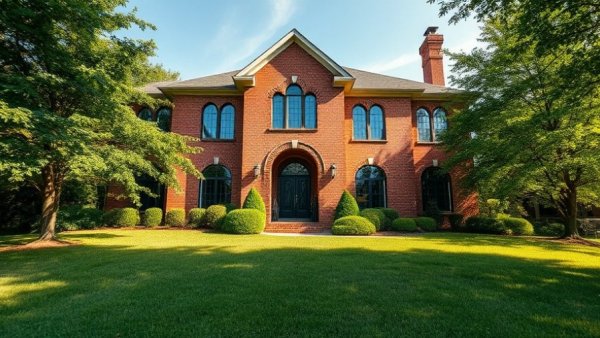 Elegant brick house ideal for home inspection tips, lush greenery.