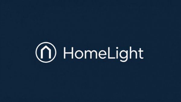 Minimalistic house logo with 'HomeLight' text, dark blue background.