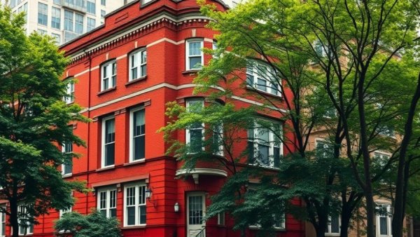 Red-brick Art Deco units in Woollahra surrounded by trees.