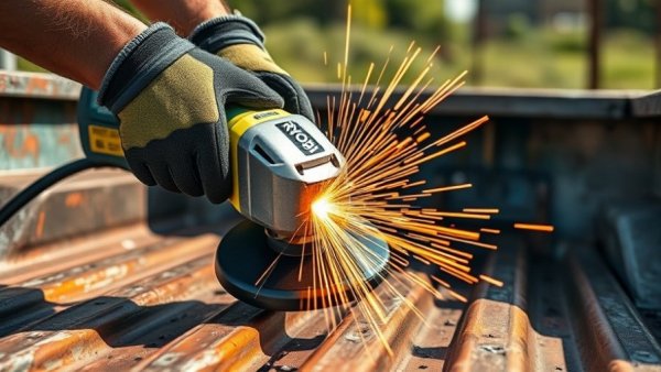 Close-up of Ryobi angle grinder in action on rusty truck bed outdoors, sparks flying.