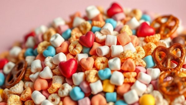 Cupid’s Chex Mix of Love with colorful heart-shaped candies.
