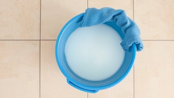 Bucket with soapy water for removing paint from tile