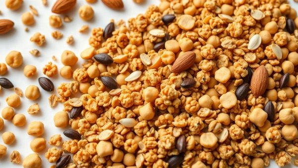 Savory vegan granola recipe featuring chickpeas and nuts in a bowl.