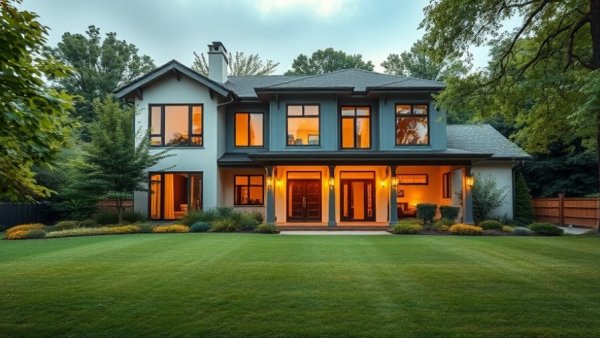 Modern luxury family home with lush lawn, photorealistic setting.