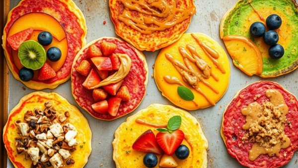 Sheet pan protein pancakes with assorted toppings like fruits and chocolate.