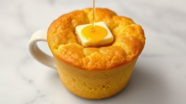 Easy Cornbread Mugcake with butter and honey drizzle in white ramekin.