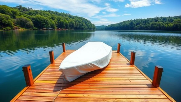 Wooden dock with boat in serene lake, surrounded by trees.