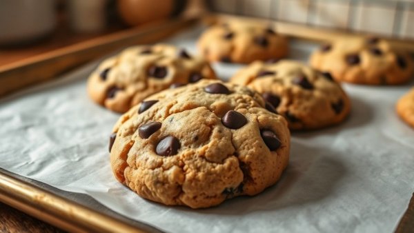 Healthy chocolate chip pancake cookies on a baking sheet.