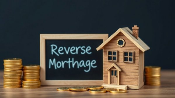 Wooden house and reverse mortgage sign with gold coins.