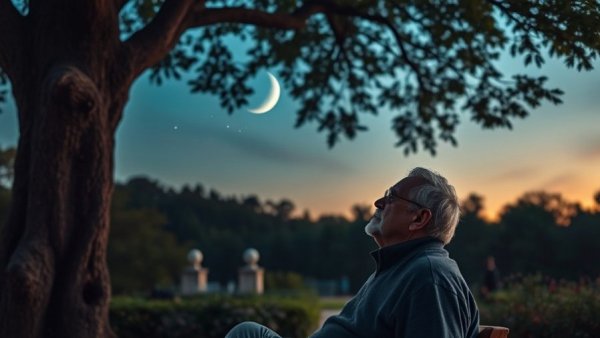 Elderly man staying present in life under starry night sky.