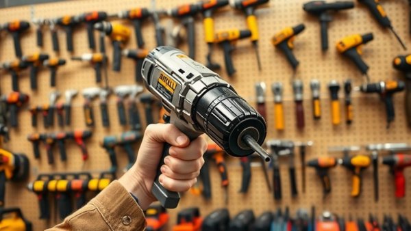 Hammer drill in focus, with various drills on display in a hardware store.