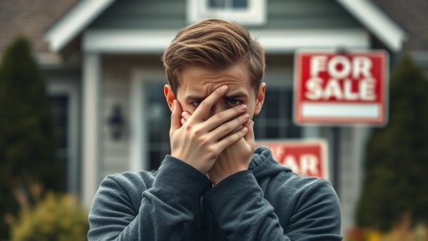 Worried man pondering FOMO Tax in real estate market, house for sale.