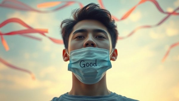 Young man removing 'Good' mask, symbolizing letting go of identity.